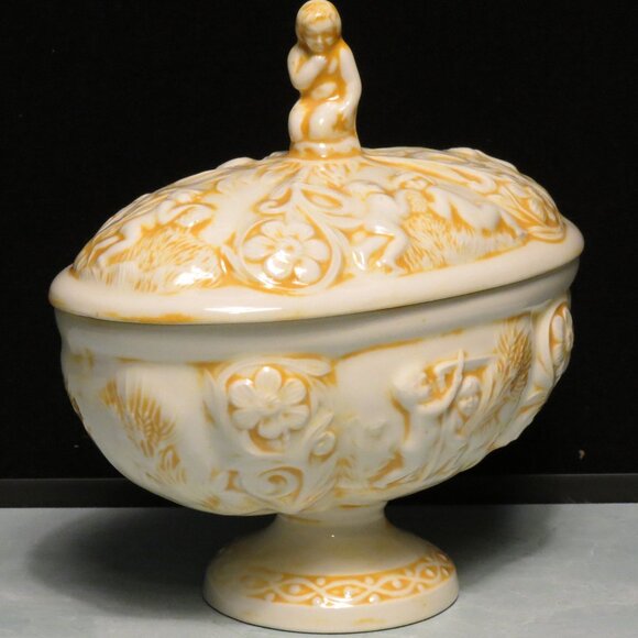 Vintage hand-painted ceramic candy dish/Dated 1971